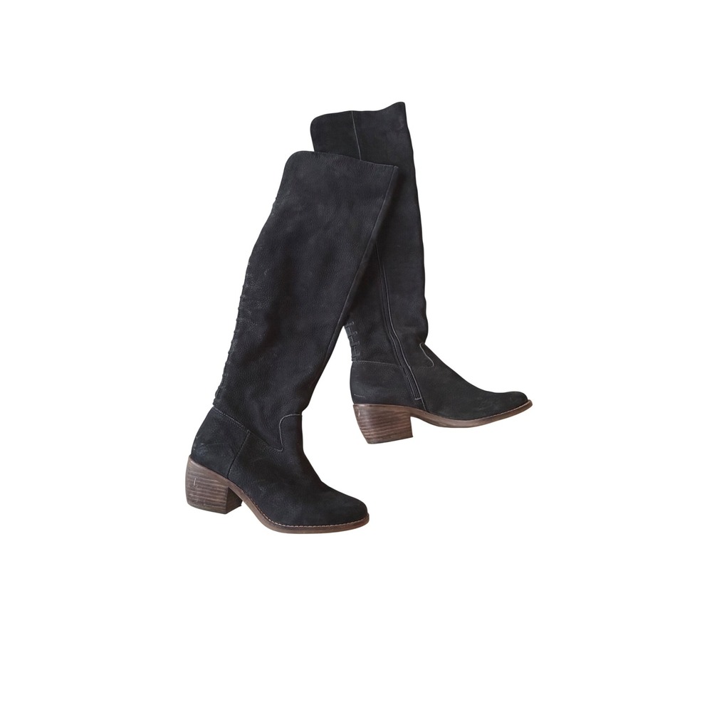 Lucky Brand Khlona Black Leather Over The Knee Boots Stacked Heel Womens 7M
